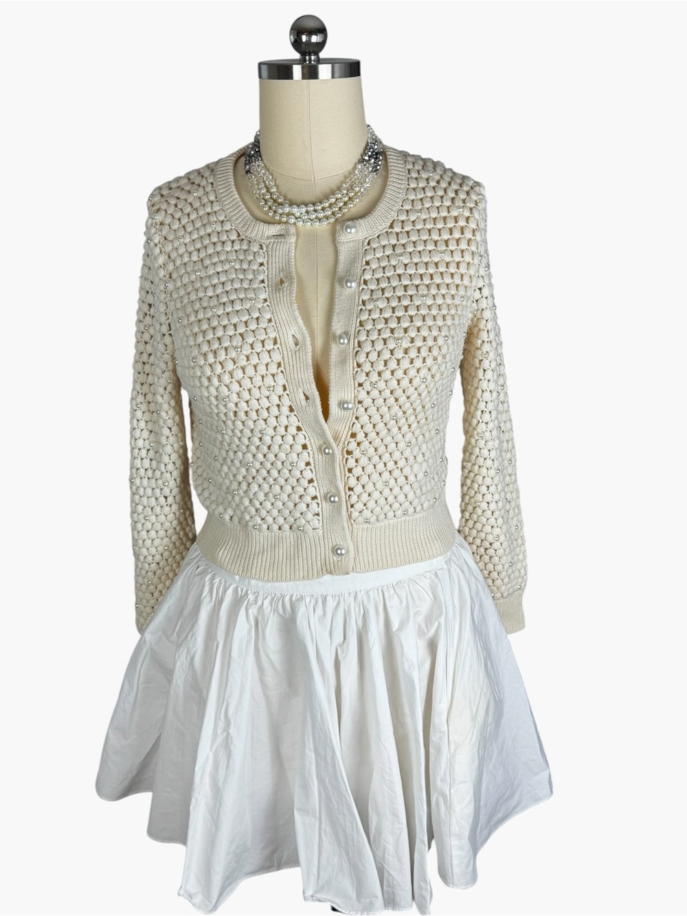 Alice + Olivia 100% Wool Pearl Embellished Ivory Cream Sweater